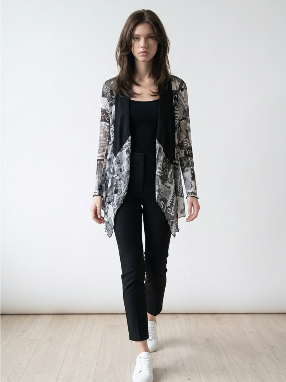 Black Gray Printed Open Front Cardigan Women’s Small Draped Lightweight Y2K